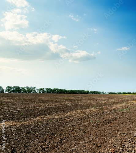 arable soil after harvesting and clouds in blue sky