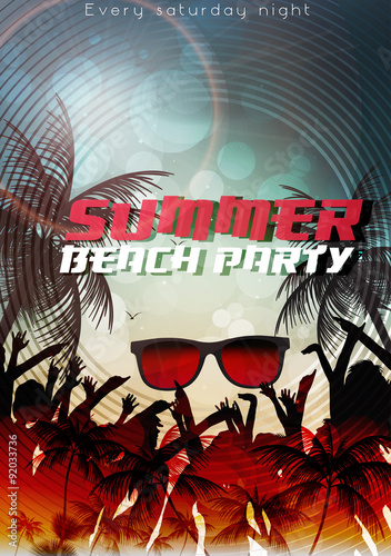 Summer Beach Party Flyer Design with Palmtrees - Vector Illustration