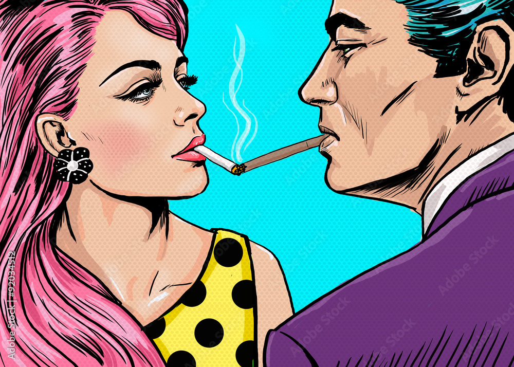 Smoking couple in Pop Art style.Love couple.Pop Art Couple.Pop Art  love.Valentines day postcard.Hollywood movie scene.Real love.Movie  poster.Comic book love.Party people looking into each others eyes Stock  Illustration | Adobe Stock