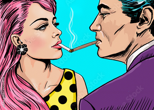 Smoking couple in Pop Art style.Love couple.Pop Art Couple.Pop Art love.Valentines day postcard.Hollywood movie scene.Real love.Movie poster.Comic book love.Party people looking into each others eyes