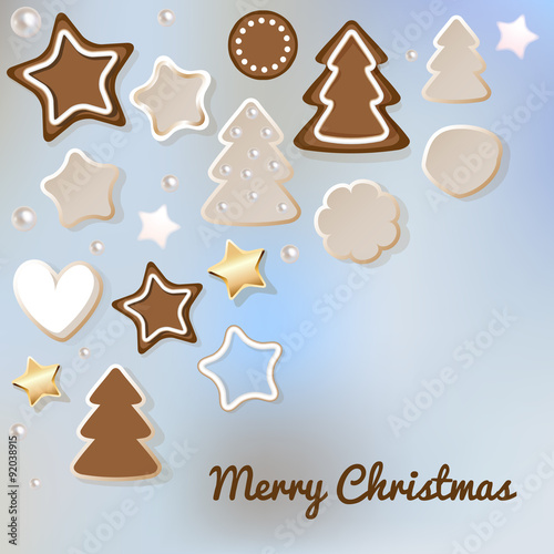 Merry Christmas postcard with gingerbread & cookies on a light blue bokeh fog background.