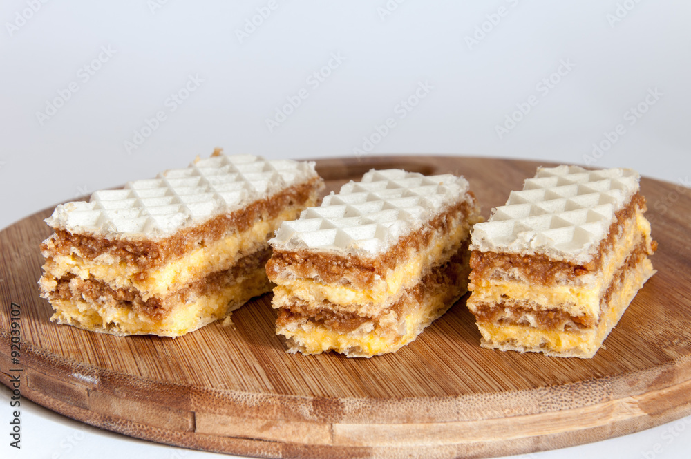 Chocolate homemade wafers on the wooden board Chocolate homemade wafers on the wooden board