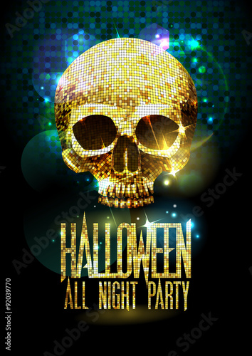 Halloween party poster with gold sparkles skull.