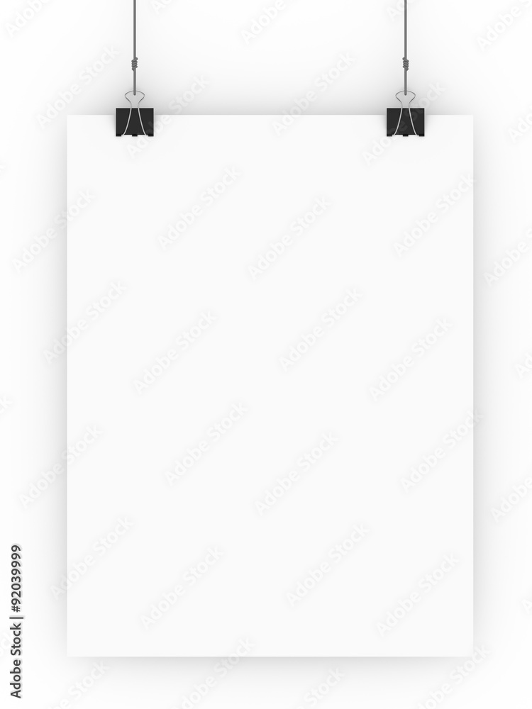 Blank paper hanging from clamps isolated on a white background. Blank paper hanging from clamps isolated on a white background.