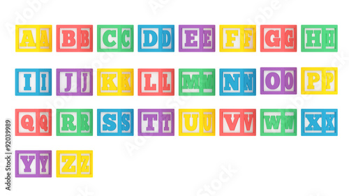 Complete angled ABC letter block alphabet isolated on a white ba