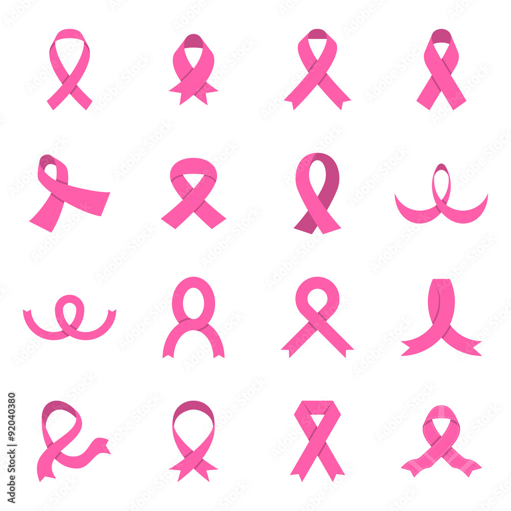 Pink ribbon icons. Breast cancer awareness ribbons. Collection of sixteen  pink flat icons isolated on a white background. A vector illustration Stock  Vector