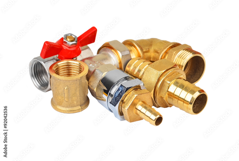 Plumbing fitting and ball valve, isolated on white background Plumbing fitting and ball valve, isolated on white background
