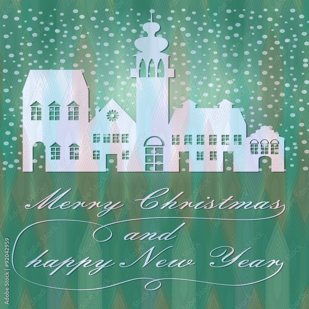 Green christmas background with town silhouette in snowfall with calligraphic inscription, merry christmas and happy new year