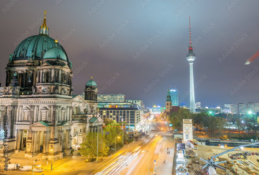 Berlin Cathedral with city aerial skyline at night