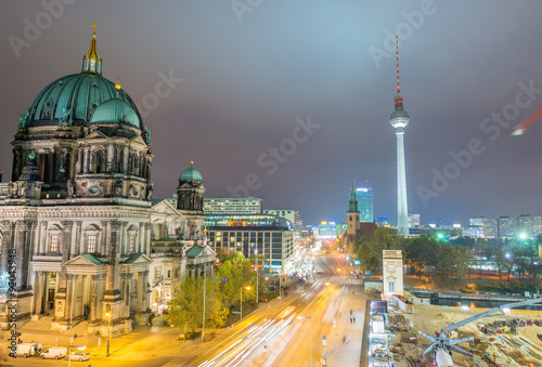 Berlin Cathedral with city aerial skyline at night