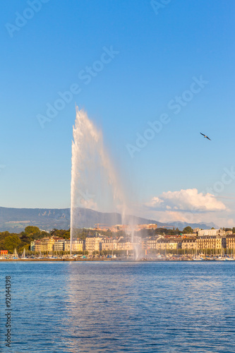 Water jet fountain at sunset in Geneva