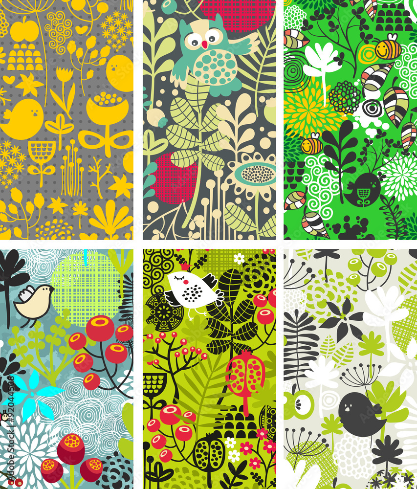 Set of cards with birds and flowers.