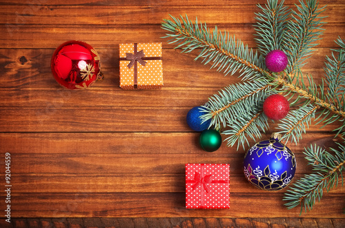 Christmas gifts, fir-tree branch and christmas toys