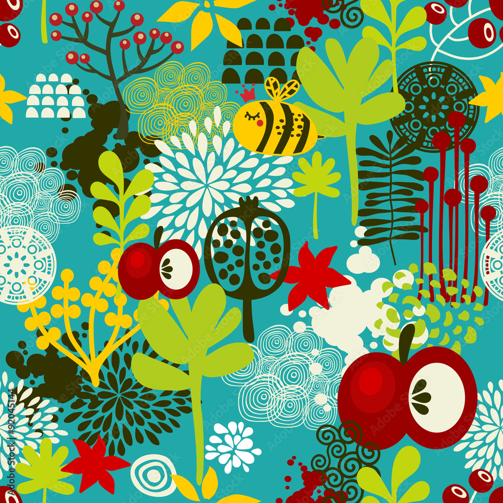 Bee and apple seamless background.