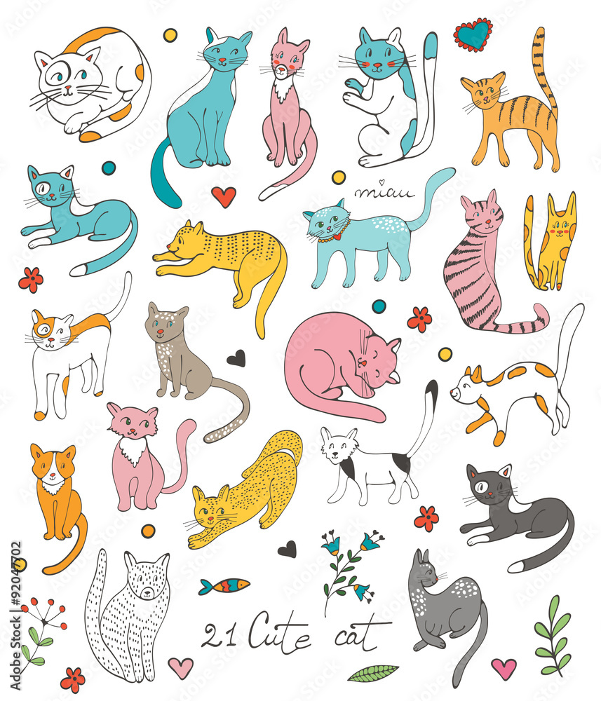 Obraz 21 cute hand drawn cat colorful set with twigs flowers and