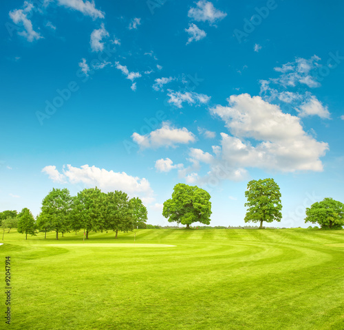 Golf course. Spring field with green grass and blue sky