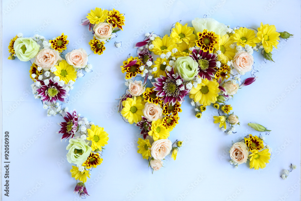 Obraz premium Map of world made from different kinds of flowers, close-up