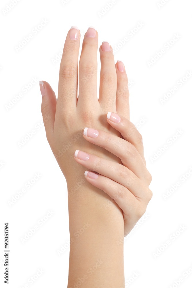 Beauty woman hands with perfect french manicure Beauty woman hands with perfect french manicure
