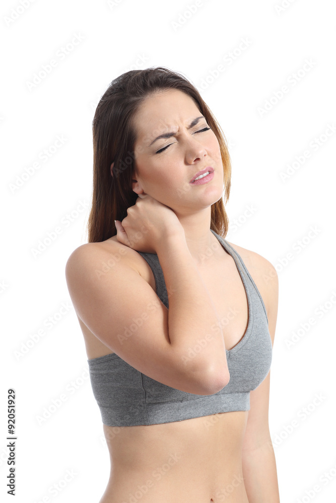 Fitness woman with neck pain pressing with her hand Fitness woman with neck pain pressing with her hand