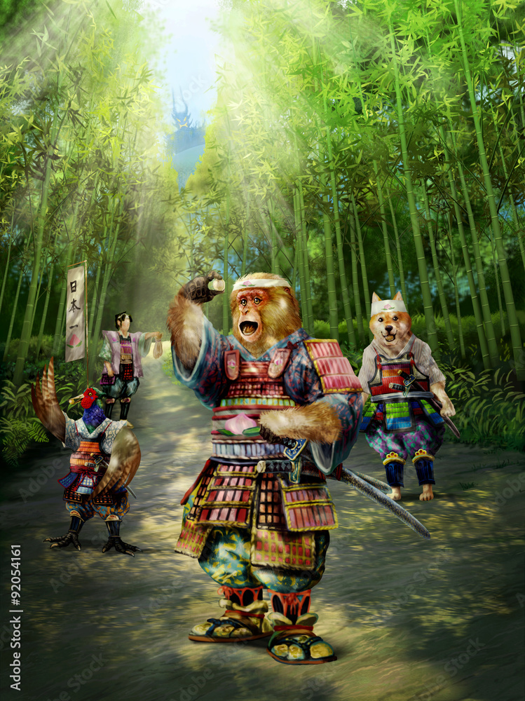 Obraz premium 桃太郎の家来の猿が吉備団子をもらって喜ぶ