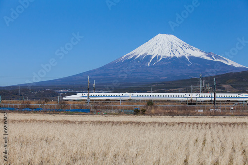 Fotografie Bullet train Tokaido Shinkansen with view of mountain fuji at Shizuoka prefectur
