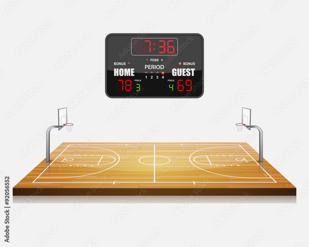 Naklejka premium vector illustration of 3d Basketball field with a scoreboard.