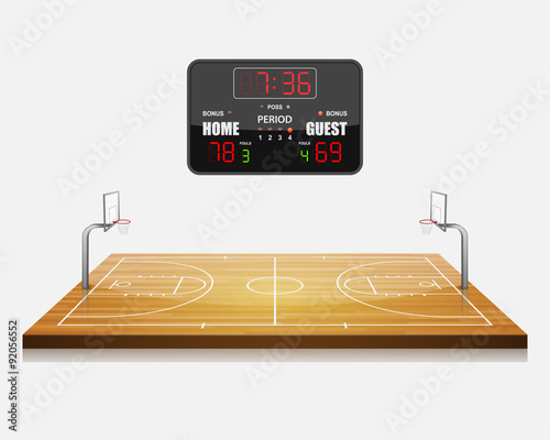 vector illustration of 3d Basketball field with a scoreboard.