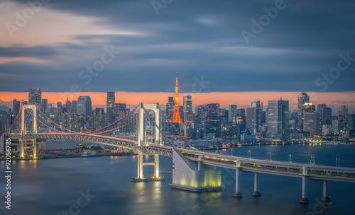 Tokyo city view with Tokyo rainbow bridge and Tokyo Tower