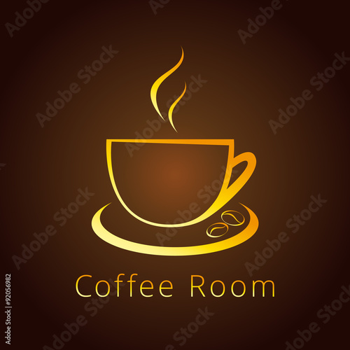 Cafe cup logo. The logotype with golden coffee beans for coffee rooms and cafes.