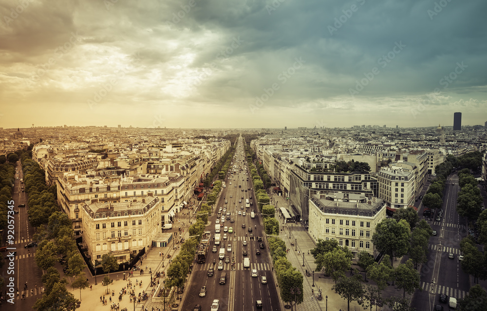 Aerial view of Paris from the Arc de Triomphe