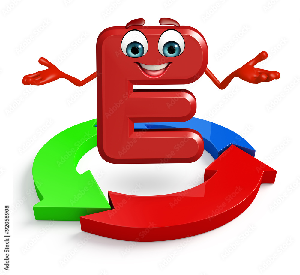 Obraz premium Cartoon Character of alphabet E with arrow