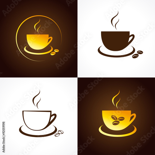 Cafe cup logo. The icons with golden coffee beans for coffee houses and cafes.