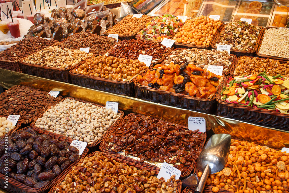 Dried fruit stall display in Barcelona's marketplace