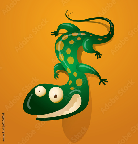 Vector funny green lizard in yellow peas on an orange background.