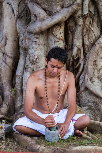 A young man preparing ayurvedic medicine in the traditional manner in India © nilanewsom