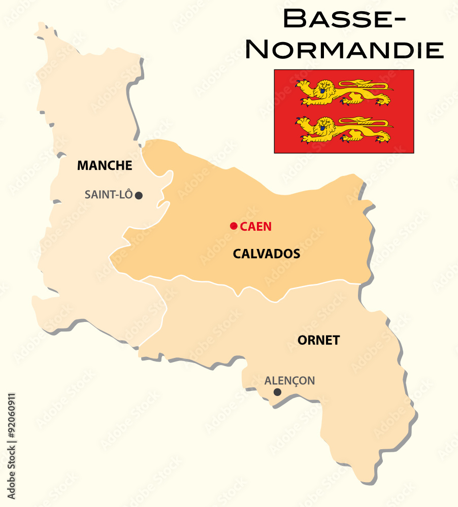 Fototapeta premium simple administrative map Basse-Normandie with flag