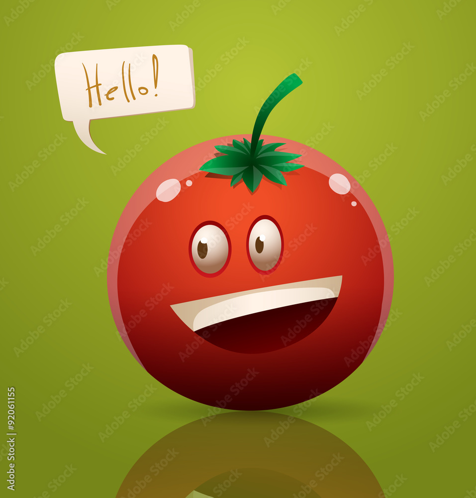 Vector happy cartoon red tomato on a light green background. The text is written in curves. Vector happy cartoon red tomato on a light green background. The text is written in curves.