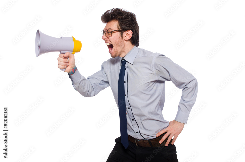 Young employee with loudspeaker isolated on white Young employee with loudspeaker isolated on white