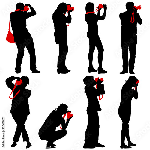 Cameraman with video camera. Silhouettes on white background. Ve