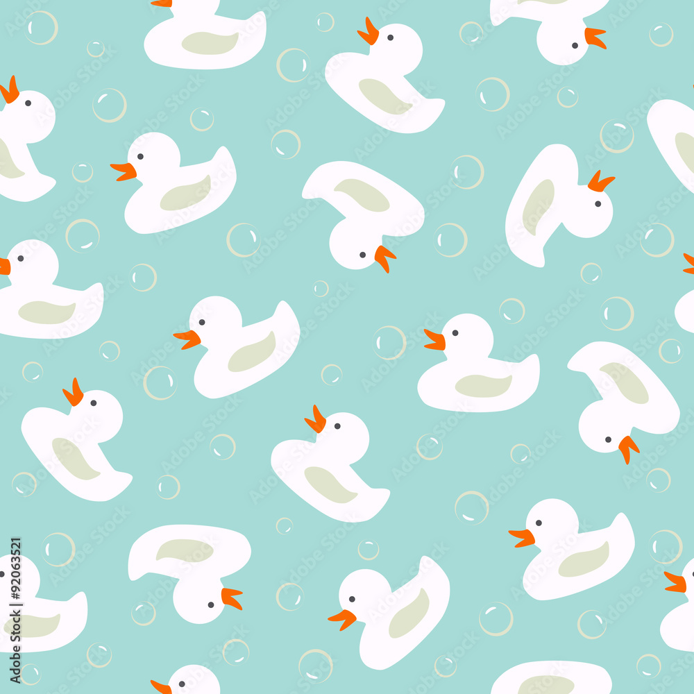 Vector seamless pattern with white ducks and bubbles on blue water. Perfect for background of greeting cards, invitations, baby shower, fabric, scrapbook, baby album.