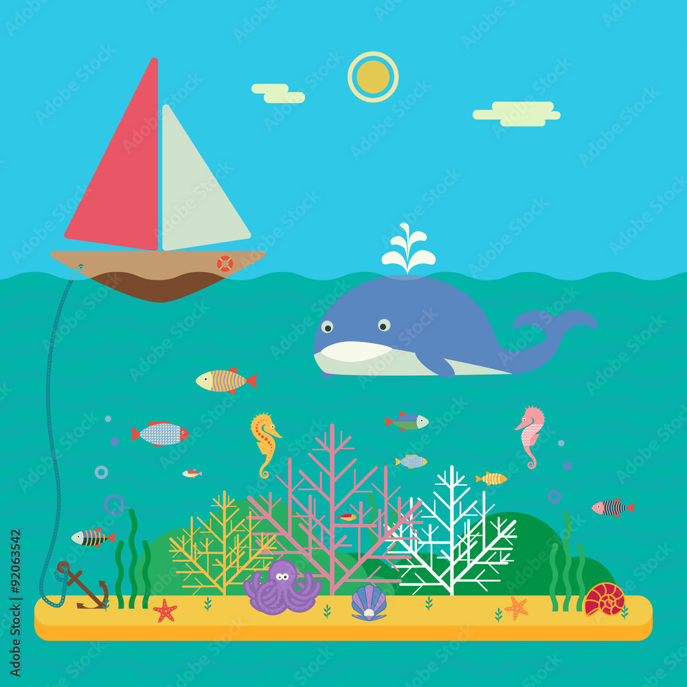 Landscape of marine life - sailing boat in ocean and underwater world with different animals. Vector flat illustration of snorkeling in sea ecosystem. For web and mobile phone,print, infographic. Landscape of marine life - sailing boat in ocean and underwater world with different animals. Vector flat illustration of snorkeling in sea ecosystem. For web and mobile phone,print, infographic.
