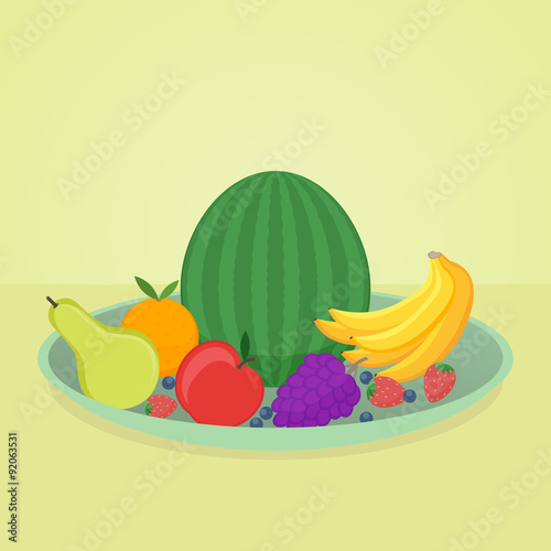 Big plate with fresh fruits - watermelon, orange, pear, apple, grapes, bananas and some berries (strawberries, blueberries). Vector flat illustration.