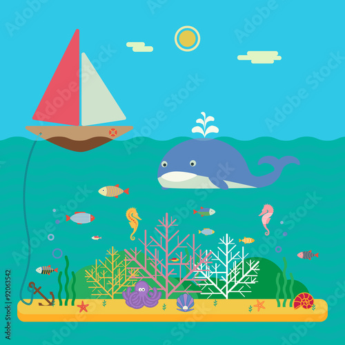 Landscape of marine life - sailing boat in ocean and underwater world with different animals. Vector flat illustration of snorkeling in sea ecosystem. For web and mobile phone,print, infographic.