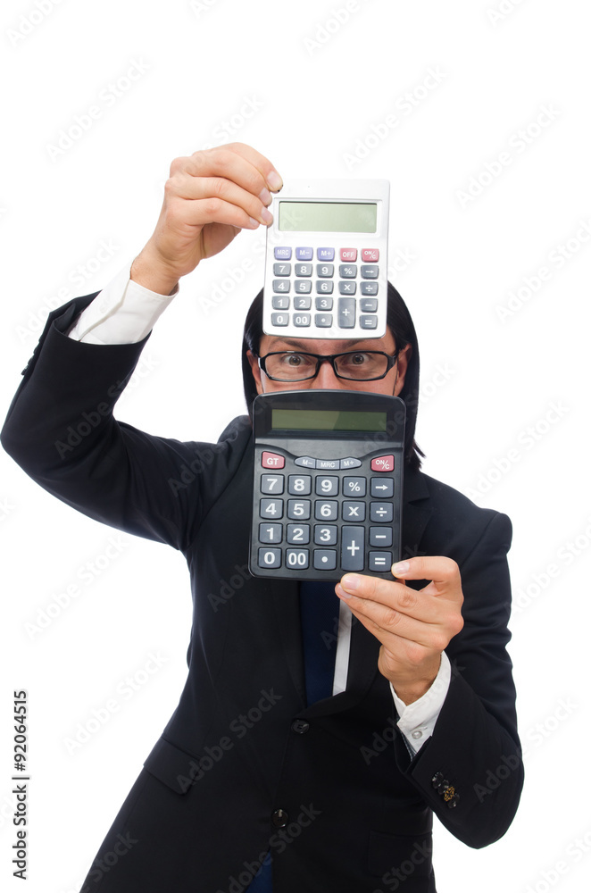 Man with calculator isolated on white Man with calculator isolated on white