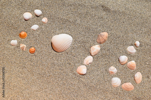 砂に貝殻で２０１６／海岸の砂浜で拾った貝殻を“２０１６”と並べて撮影した写真です。貝殻のテクスチャ、海イメージ、夏イメージ、新年用の背景用素材として使用できる写真です。