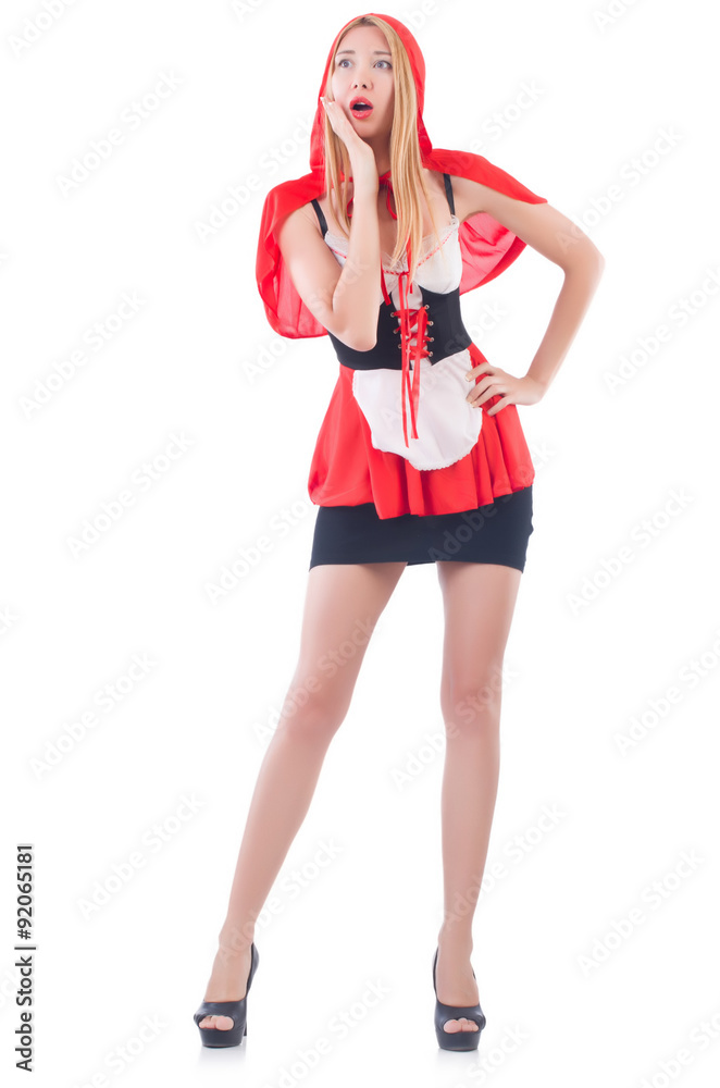 Girl in riding red hood costume isolated on white Girl in riding red hood costume isolated on white