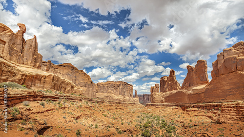 Panoramic view of rock formations in Arches National Park, Utah, USA.