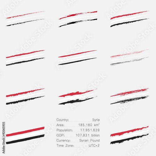 Syria flag colored hand drawn lines set with different looks like brush, chalk, ink, paint and main informations about the country. 