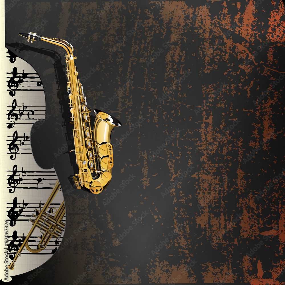 Naklejka premium Vector illustration of musical background in grunge style. Metal rusty background with a cutout of a violin or a saxophone Contrabass with gold leaf and music with a trumpet in the background.