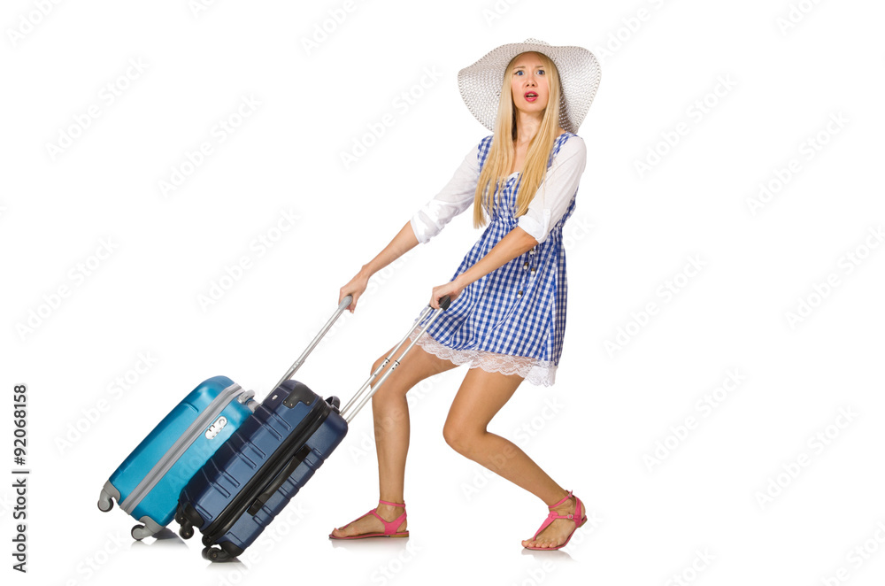 Woman ready for summer travel isolated on white